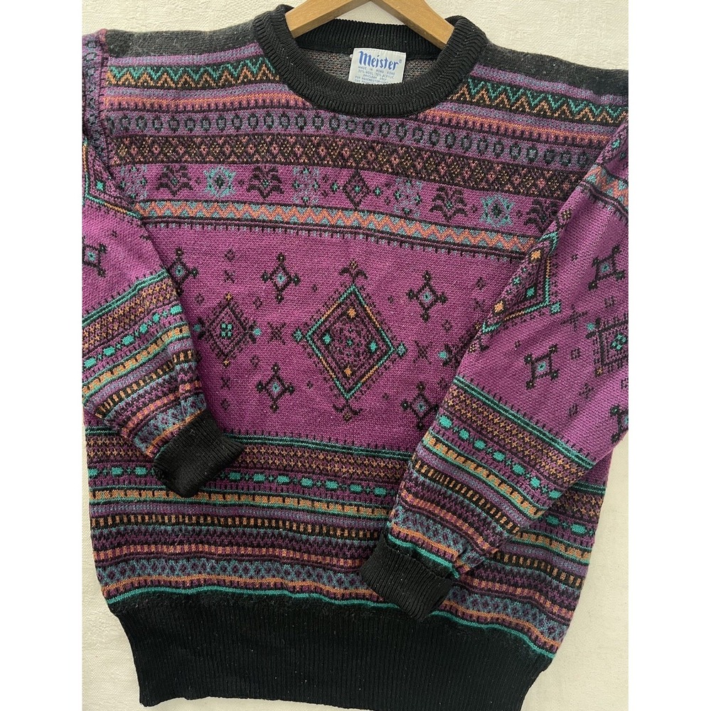 Vintage 80s Meister Wool Blend Crewneck Sweater Unisex Size M Aztec Black Ski